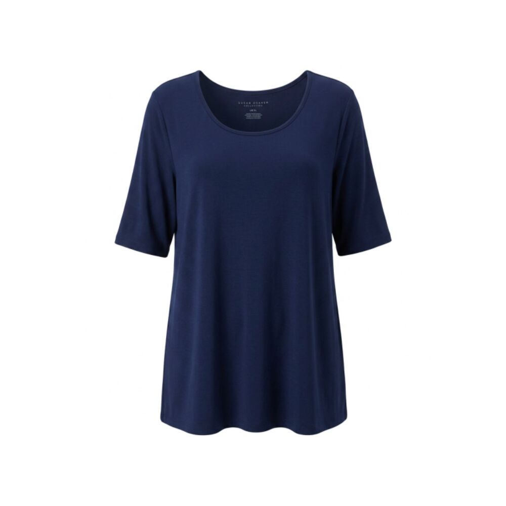Susan Graver Liquid Knit Square Neck Top Navy Blue Side Slit Blouse XL